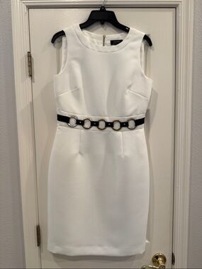 Tahari ASL White Sleeveless Sheath Dress with Black Belt and Gold Rings